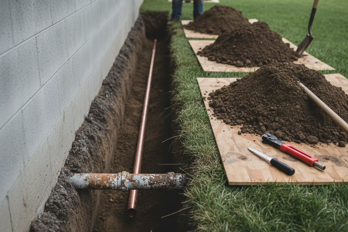 Excavated water line trench during Water Softener Installation in Coltons Point